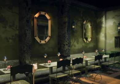 Green dining area inside private members' club, tramp.