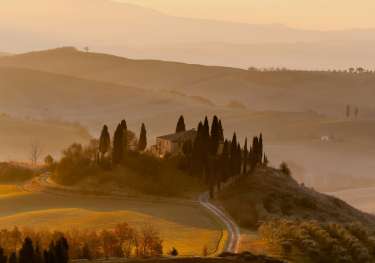 Rolling hills in tuscany during golden hour.