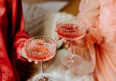 Two people clinking glasses.