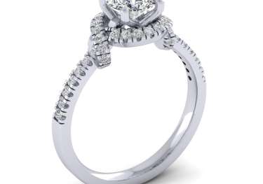 Unusual twist shoulder set lab grown diamond halo engagement ring.