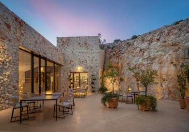 Outdoor seating at hotel restaurant in croatia.