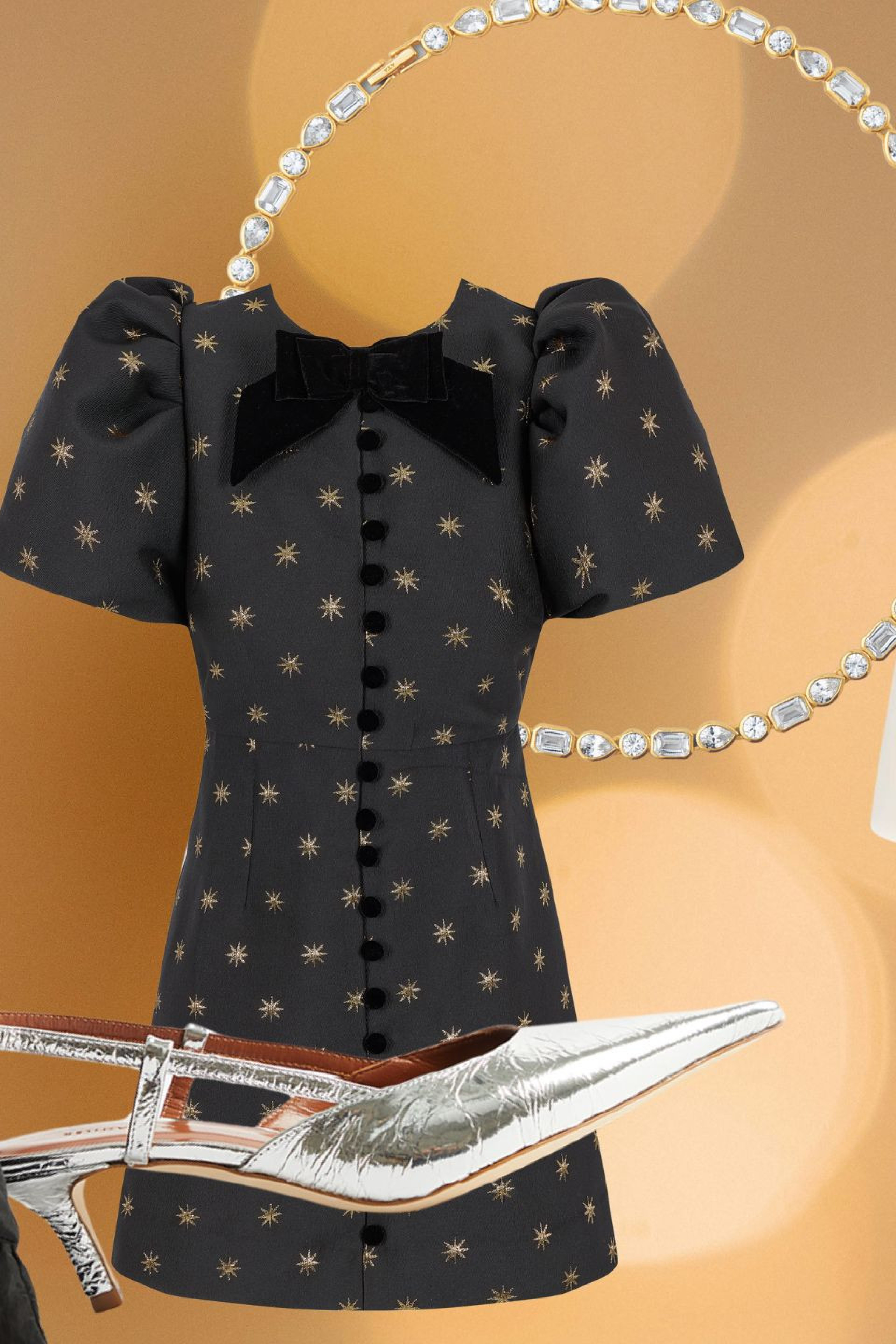 montage of clothing and accessories on light orange background