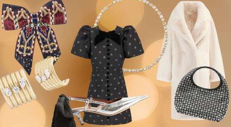 Montage of clothing and accessories on light orange background.