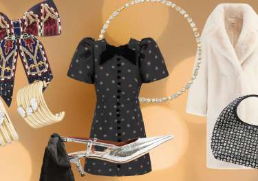 Montage of clothing and accessories on light orange background.