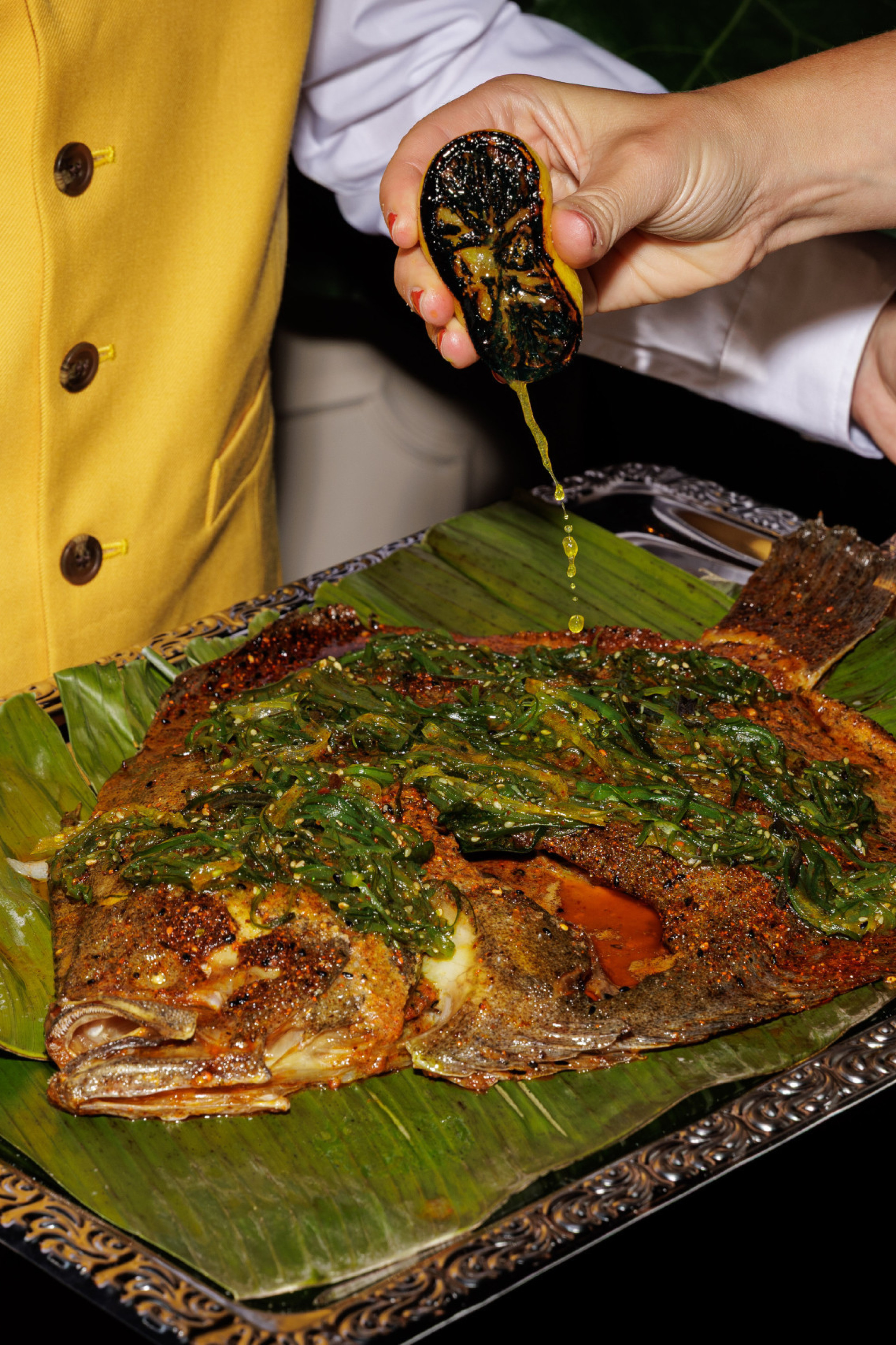 whole roasted turbot on a silver tray