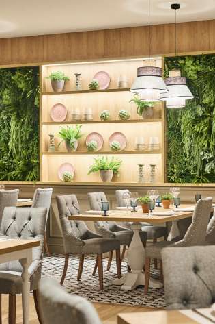 Hotel dining area with statement wall decorated with living plants and pink plates.