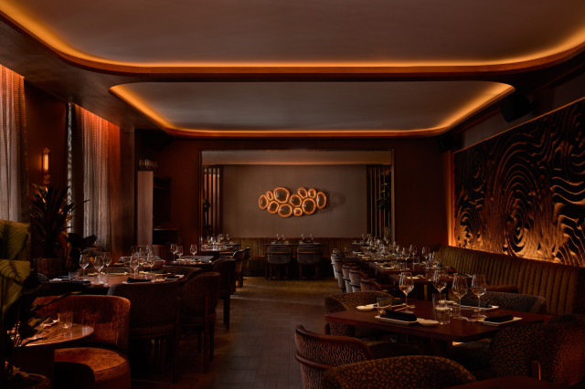 inside of restaurant with warm lighting 