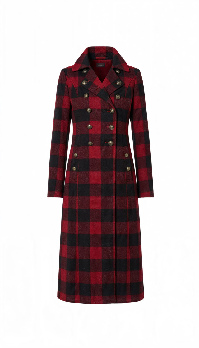 red tartan coat with metal buttons 