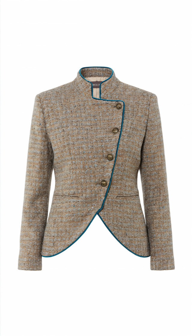 assymetrical jacket in a stone colour with buttons running down one side