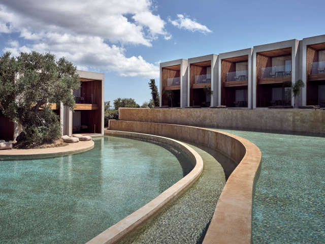 tiered swimming pool at Greek hotel 
