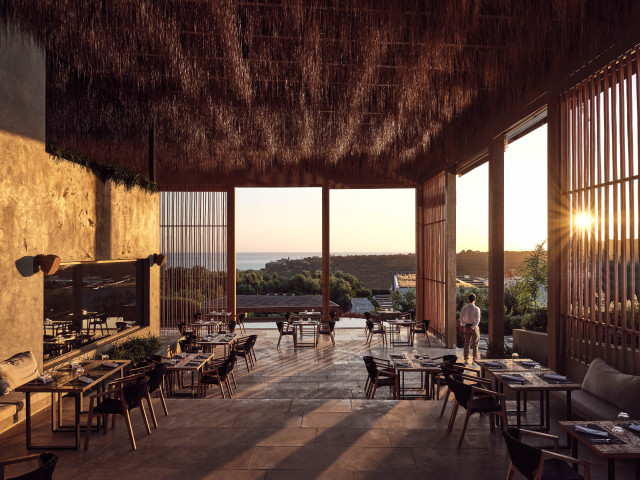 photo of restaurant at Greek hotel during sunset 