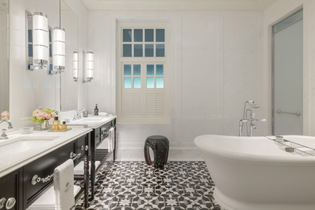 black and white bathroom inside hotel