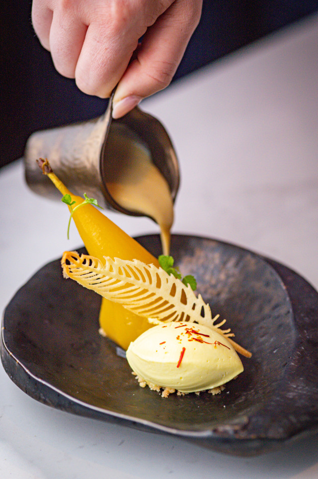 poached pear dish with ice cream