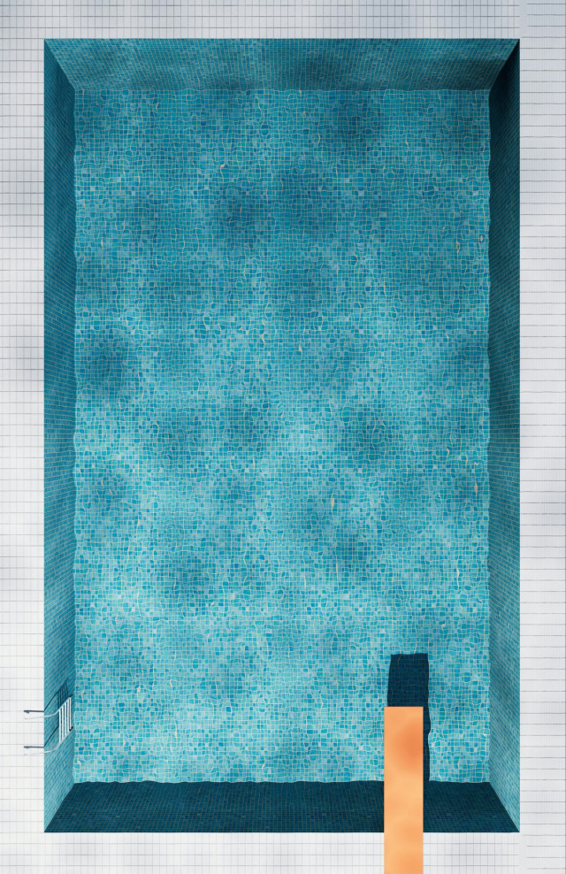 aerial view of swimming pool with an orange diving board