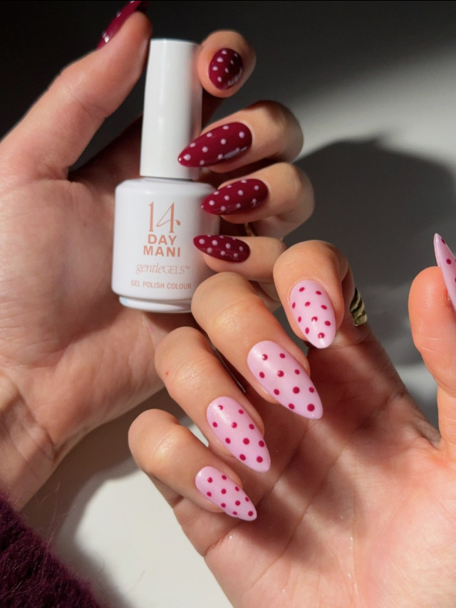 pink and red polka dot nail manicure 
