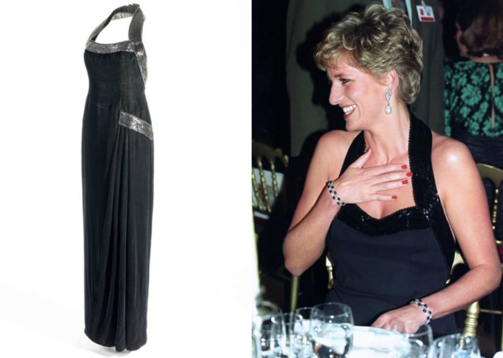 Princess Diana wearing black beaded dress and smiling