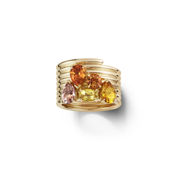 pink gold ring with orange, yellow, and pink gems