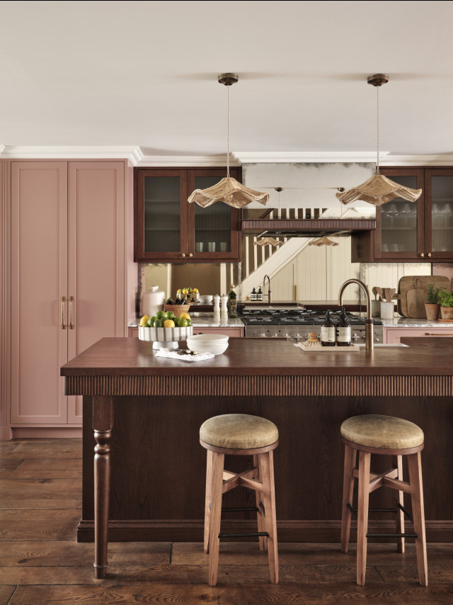 dusty pink kitchen with dark wood details 