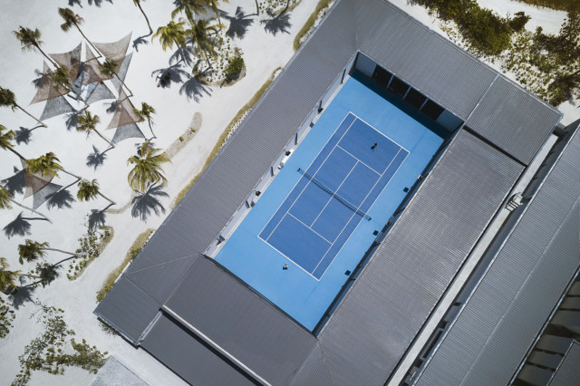 aerial view of blue tennis court