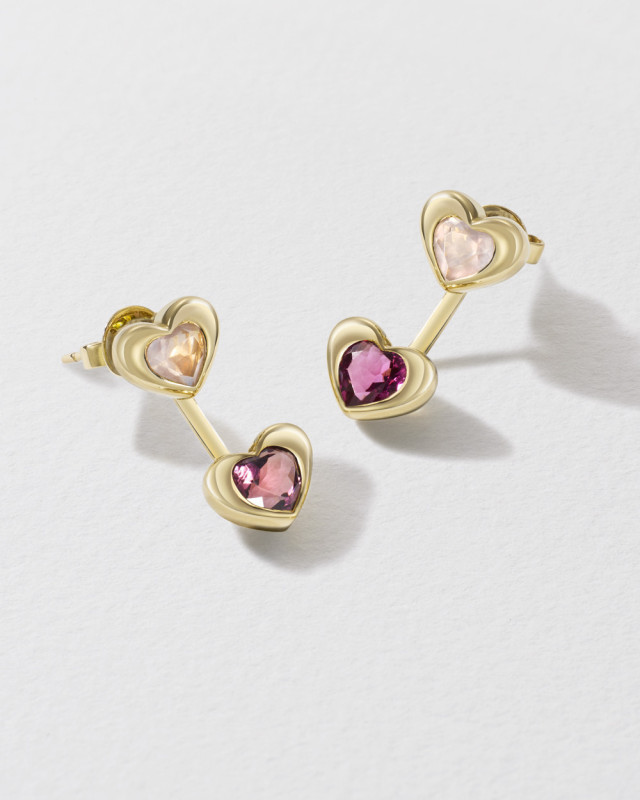 gold heart earrings with pink gems