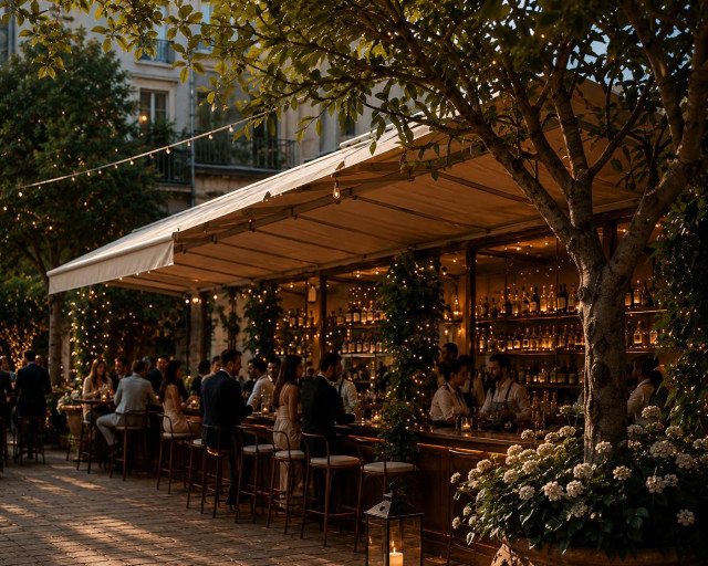 cgi image of restaurant terrace area with plants and warm lighting 