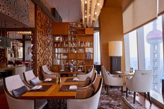 hotel restaurant with skyline views
