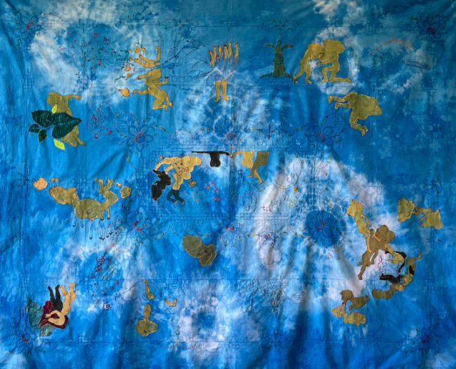 Gözde İlkin, Against the Current, 2023, paint, embroidery, and batik on tablecloth, 2 × 1.7 m. Courtesy the artist and Gypsym 