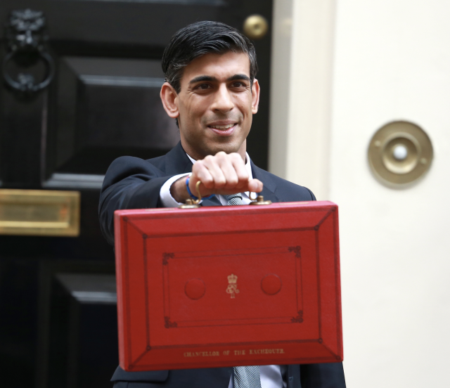 The annual custom of the Chancellor of the Exchequer holding up a red box to the press in Downing Street to symbolise the new budget of the UK government. 