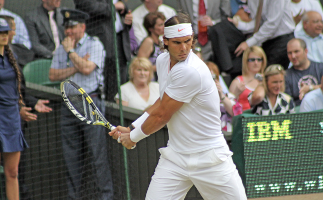 Rafael Nadal playing on the centre court at Wimbledon