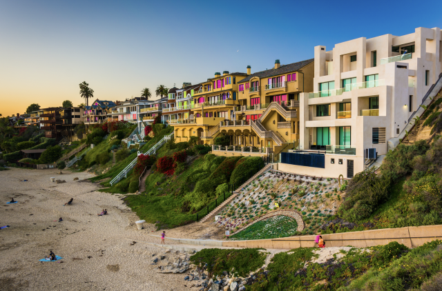 Houses on Cliffs above Corona Del Mar State Beach, seen from Inspiration Point, in Corona del Mar, California