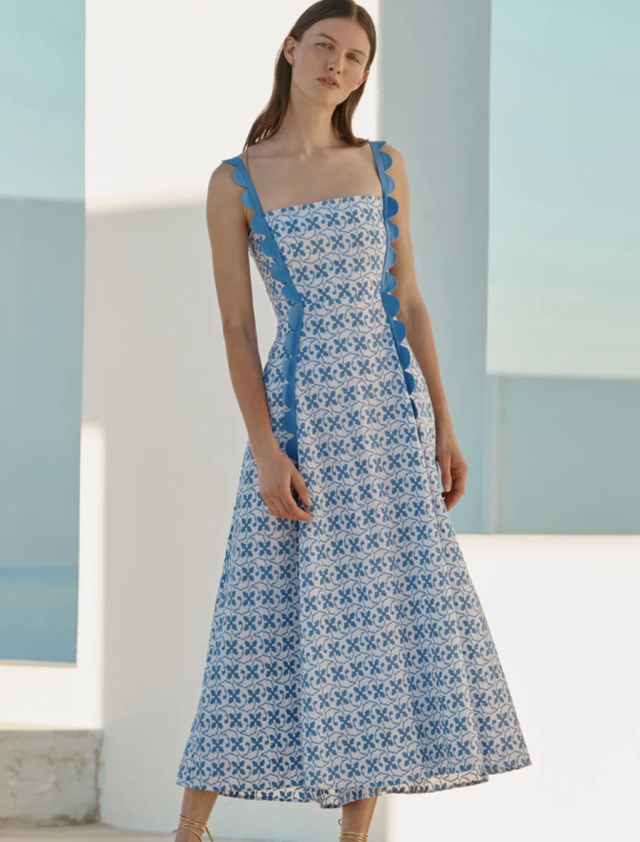 Blue patterned dress.