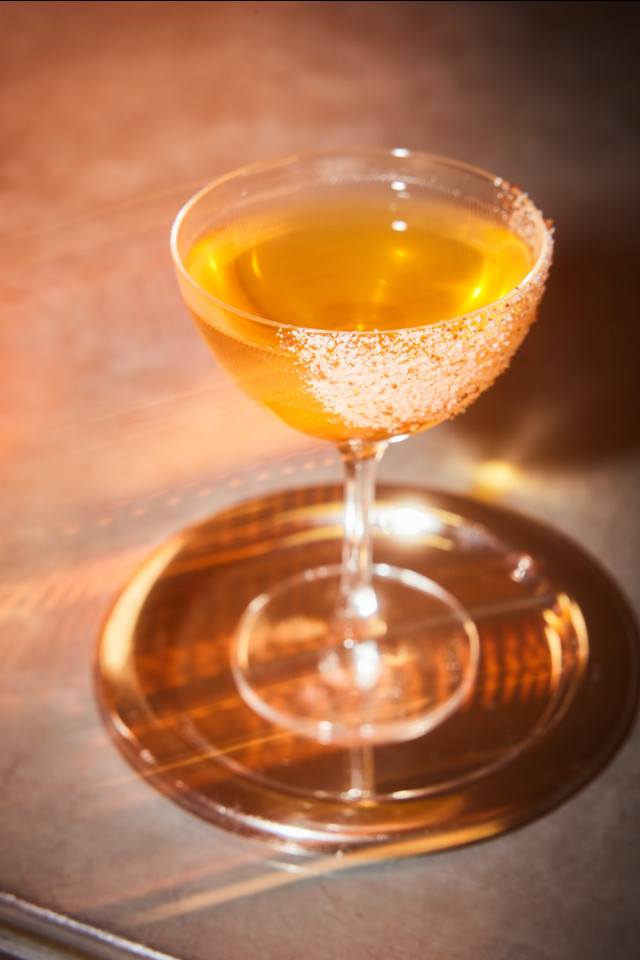 orange cocktail in a glass with a salt rim