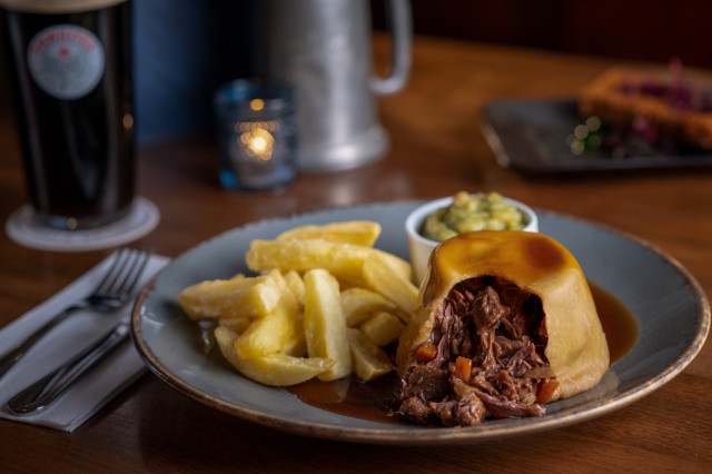 photo of steamed pudding with chips in yorkshire restaurant