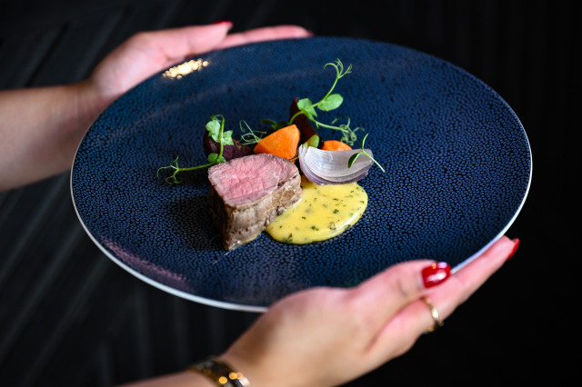 person holding lamb dish with vegetables