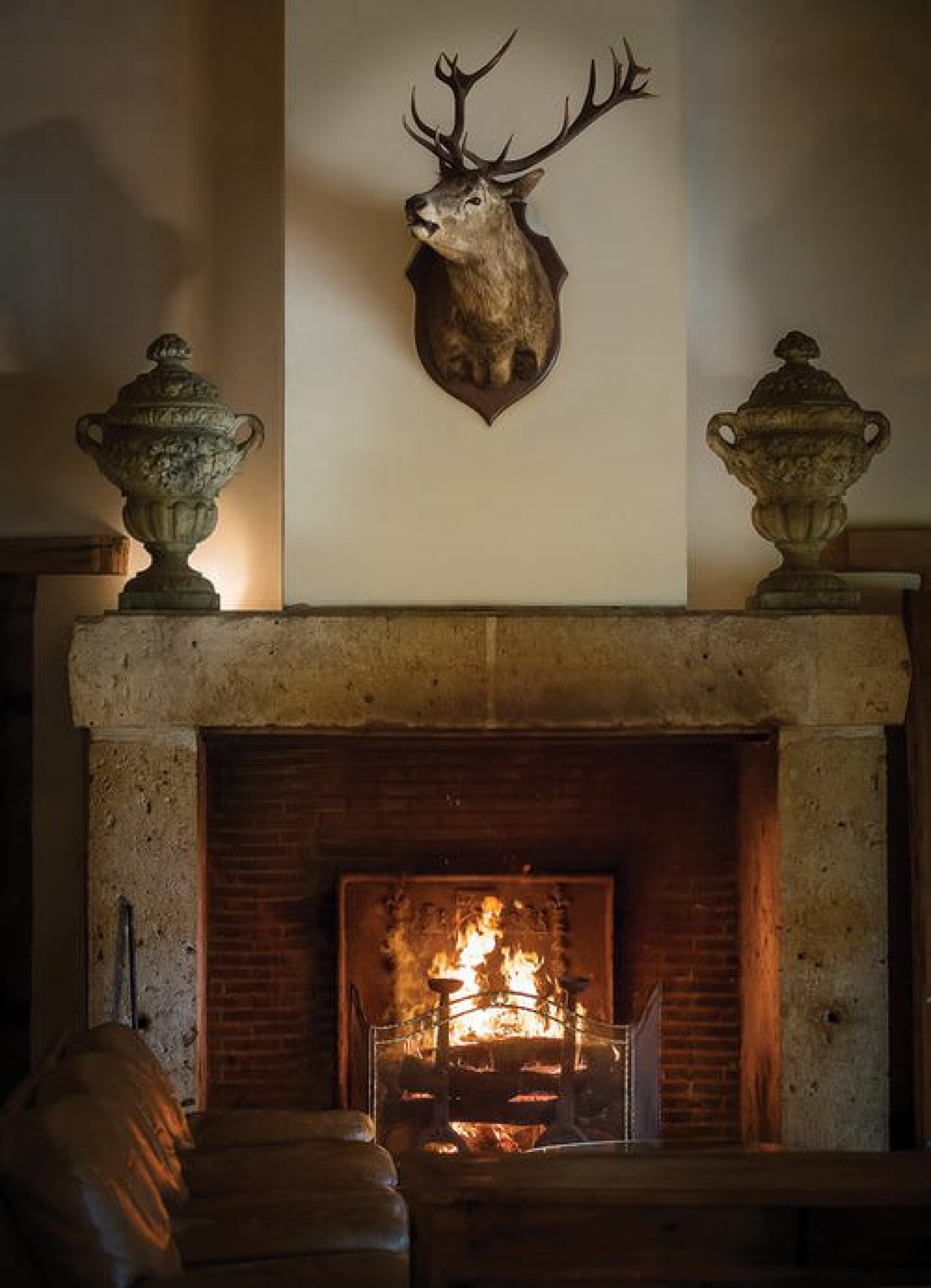 Les Bordes fireplace with stag head