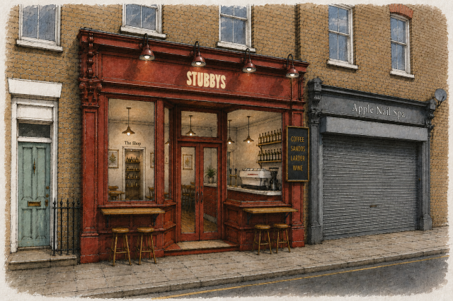 render of new cafe and wine bar with red exterior paint