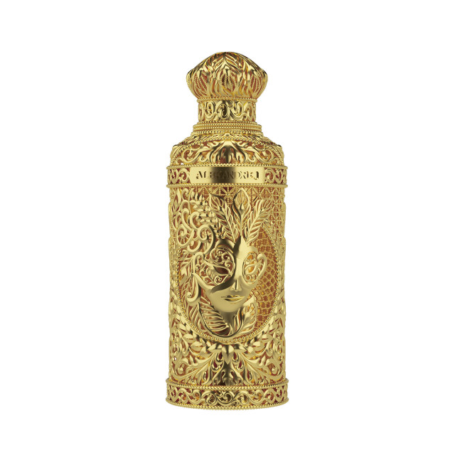 bottle of perfume in gold with cut-out sections