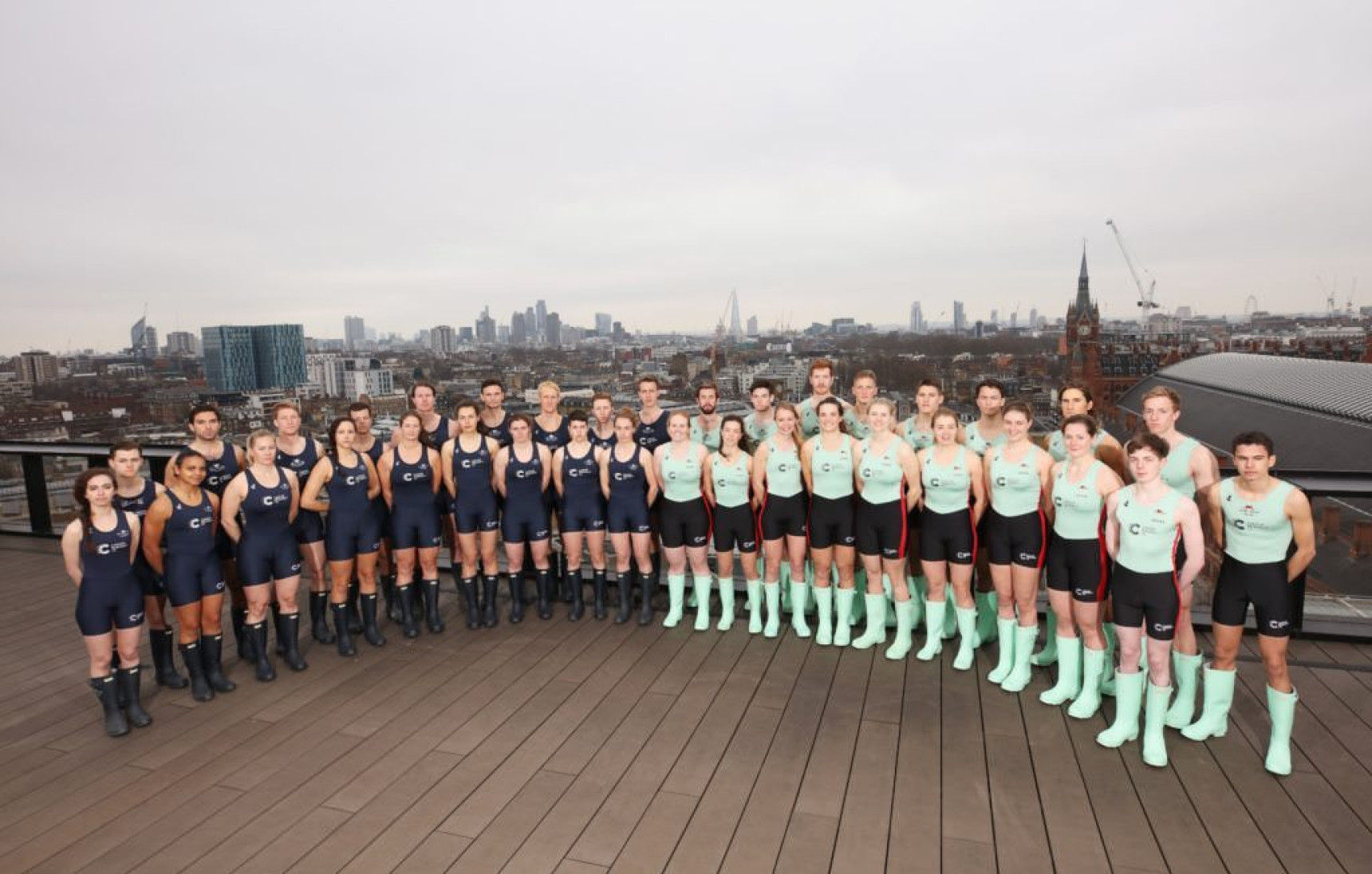 The 2017 Cancer Research UK Boat Race crews. Oxford (left) vs Cambridge (right).