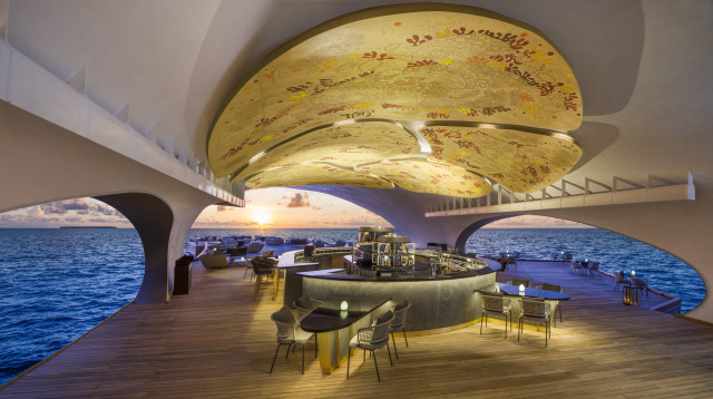 whale bar at the st regis maldives with ceiling murals 