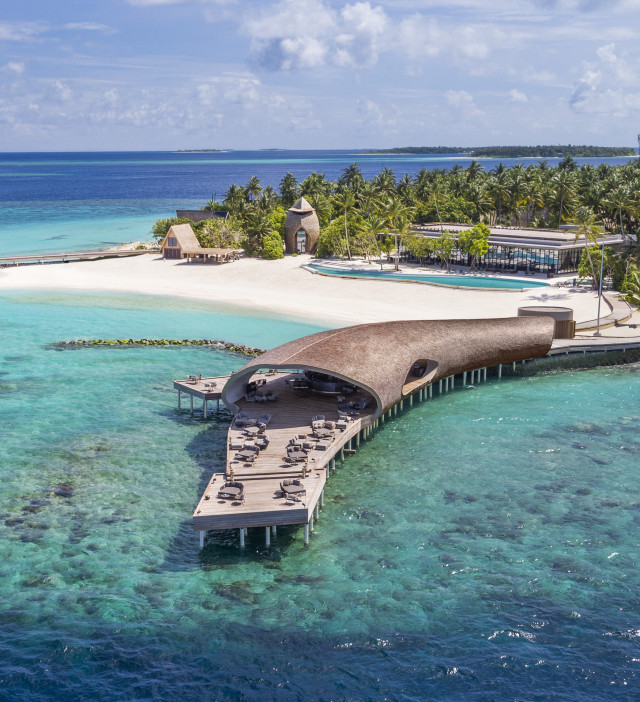 aerial view of whale bar at st regis maldives