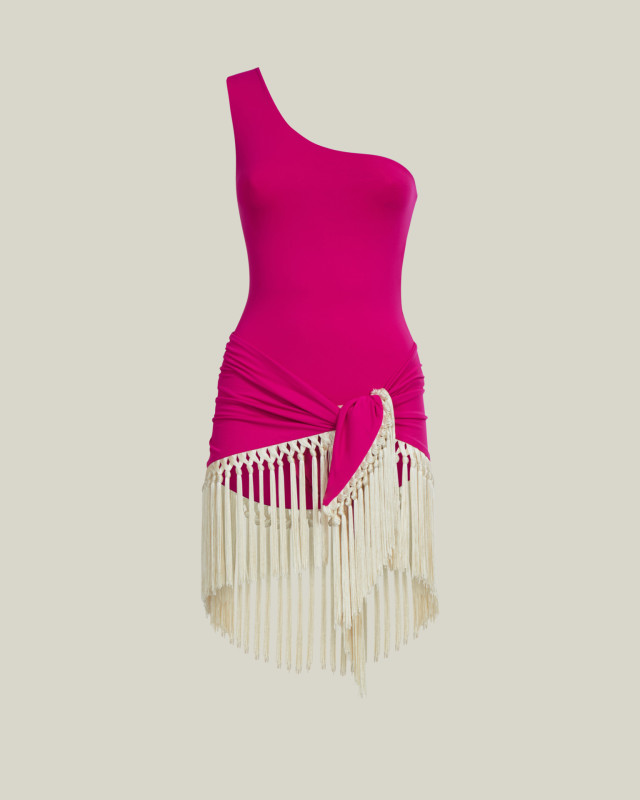magenta one-shoulder swimsuit with detachable fringed sarong