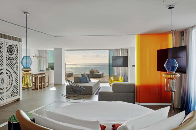 ibiza hotel room with colourful boho details