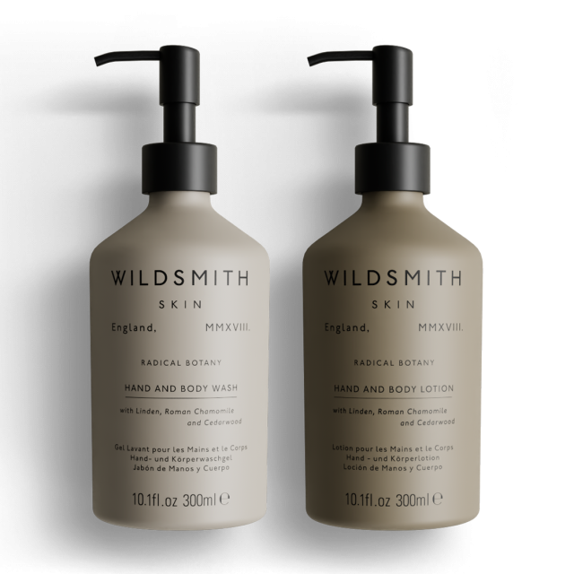 wildsmith body wash and body lotion in beige bottles