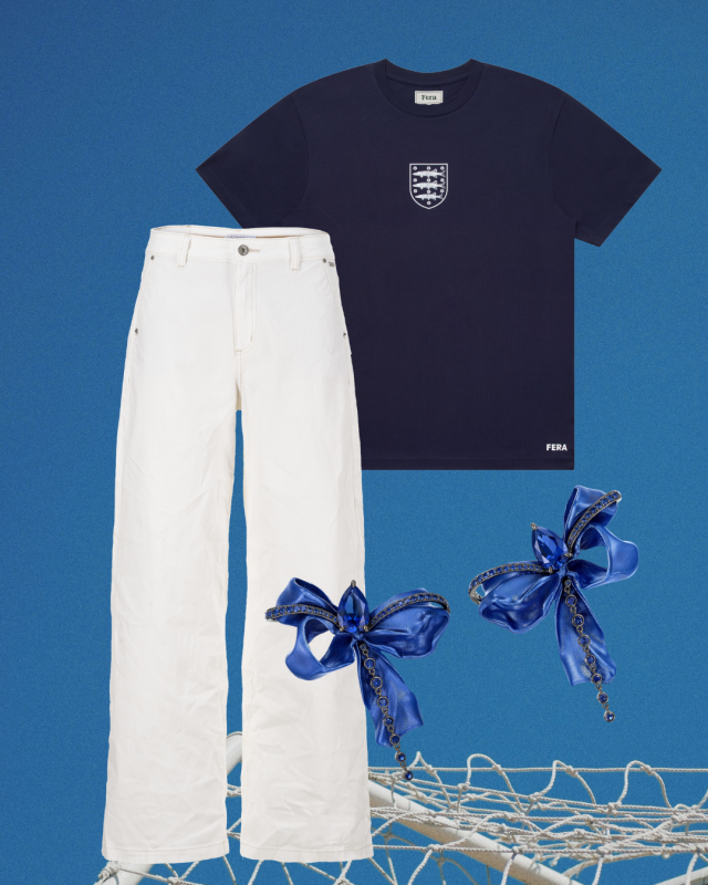 blue T-shirt with blue earrings and white jeans