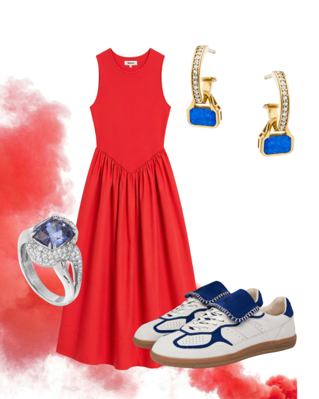red dress with aloha trainers, blue gem earrings and blue luxury ring