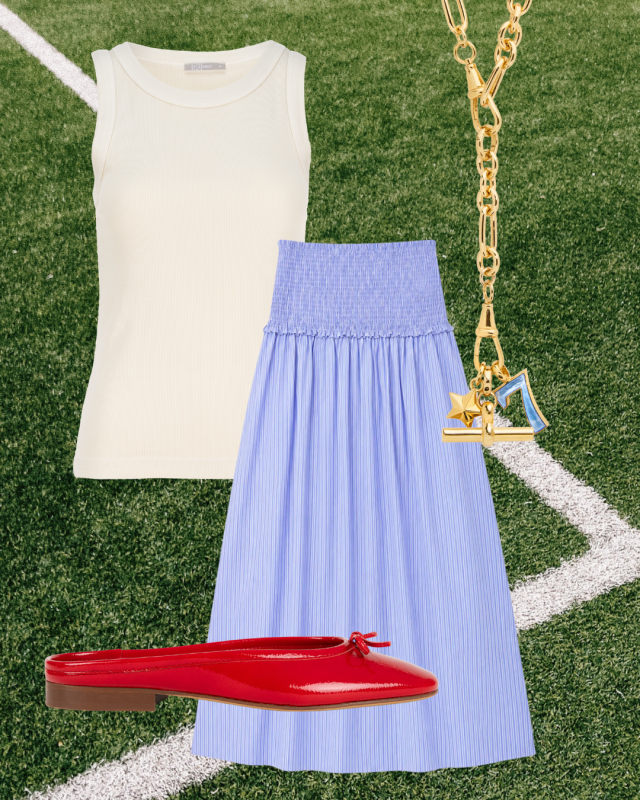 outfit collage with cream tank, blue shirred skirt, and red shoes