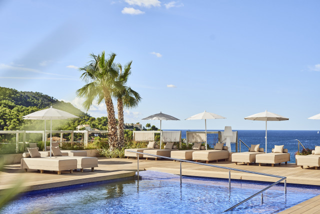 hotel pool with palm trees and sun beds with parasols